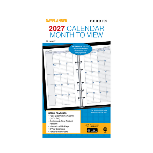 Collins 2027 Debden Day Planner Refill Personal 6 Ring Month To View PR2300 96x172mm - Blue