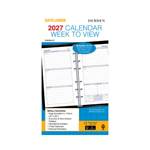 Collins 2027 Debden Day Planner Refill Personal 6 Ring Week To View PR2700 96x172mm - Blue