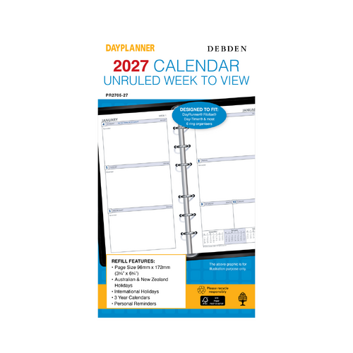 Collins 2027 Debden Day Planner Refill Personal 6 Ring Unruled Week To View PR2705 96x172mm - Blue