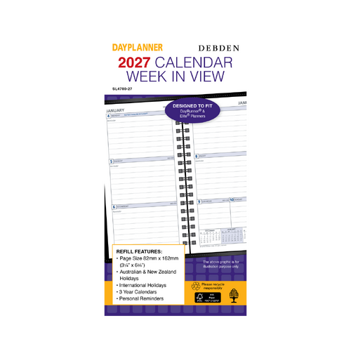 Collins 2027 Debden Day Planner Refill Slimline Wiro-O Week To View SL4700 82x162mm - Purple