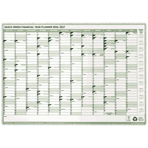 Sasco 2026-2027 Financial Year Planner 500x700mm Yearly Wall Green - 5622627