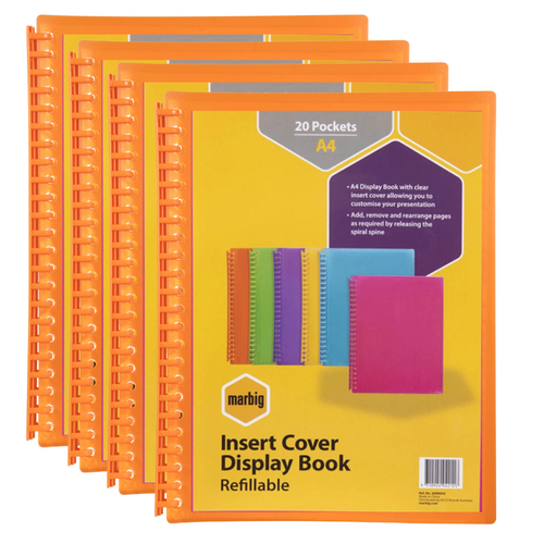 4PK Marbig A4 Display Book Refillable 20 Pocket TRANSLUCENT ORANGE - 2007306