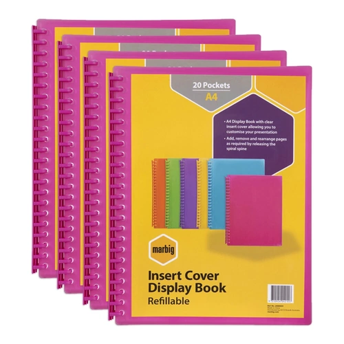 4PK Marbig 20 Pocket A4 Display Book Refillable Clearview TRANSLUCENT PINK - 2007309
