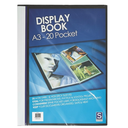 A3 Display Folder Book by Sovereign Portrait Style 20 Page Clear Black Cover NEW 54110 - Black