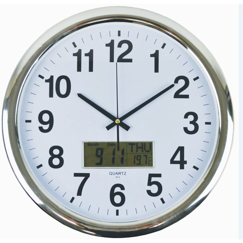 Italplast 43cm Wall Round Clock With LCD Date, Month, Temp - Silent 2nd Hand