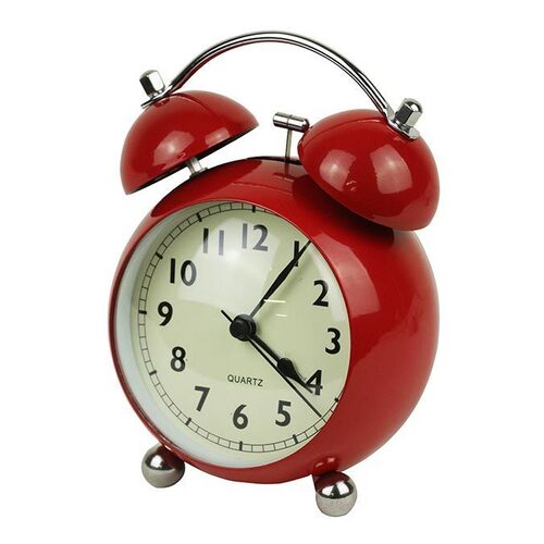 Twin Bell Alarm Clock Curve Red Metal and Glass 13cm + FREE Battery