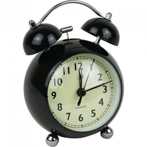 Twin Bell Alarm Clock Curve Black Metal and Glass 13.50cm + FREE Battery