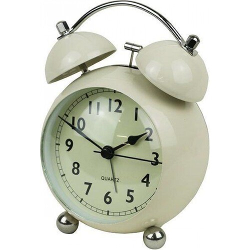 Twin Bell Alarm Clock Curve Cream Metal and Glass 16cm + FREE Battery