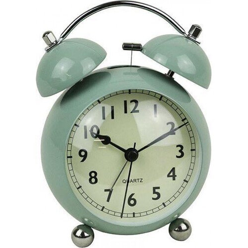 Twin Bell Alarm Clock Curve Pale Teal Metal and Glass 16cm + FREE Battery