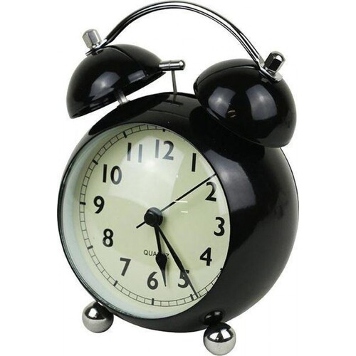 Twin Bell Alarm Clock Curve Black Metal and Glass 16cm + FREE Battery