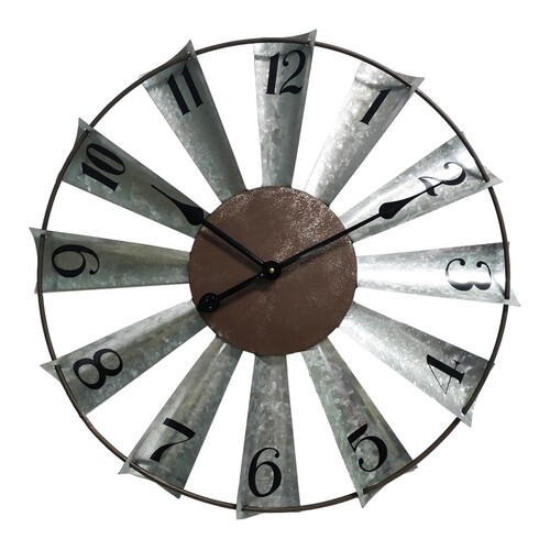 Windmill Metal 60cm Analogue Wall Hanging Clock Home Room Decor Rust Grey/Black