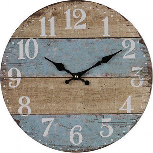 Round 34cm Brown and Blue Stripe Rustic Wall Clock + FREE Battery