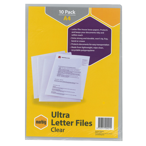 Marbig A4 Ultra Letter Files Ultra Clear 2004212 - 10 Pack