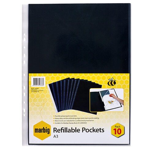 Marbig A3 Display Book Pocket Refills Black Inserts 2003600 - 10 Pack