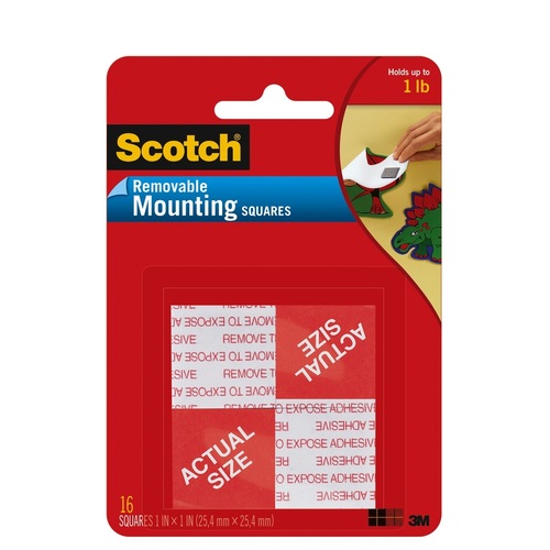 3M Scotch Adhesive Mounting Tape Squares Removable 1" By 1" - 16 Pack