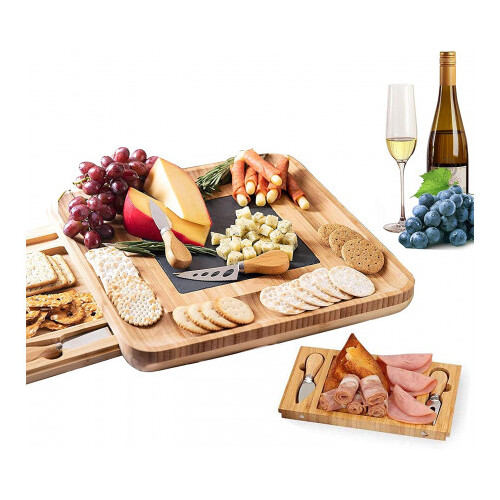 Bamboo Cheese Board And Knife Set With Cutlery Including Slate Rock Tray, 4 Stainless Steel Knife & Thick Wooden Tray