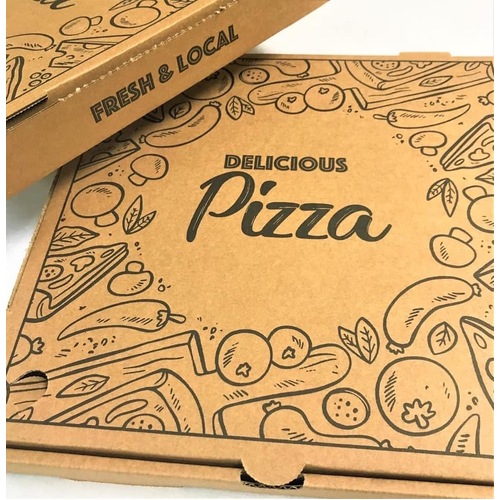13" Pizza Boxes 50 Pack "Delicious Pizza" Hinged Recyclable Brown Cardboard Square