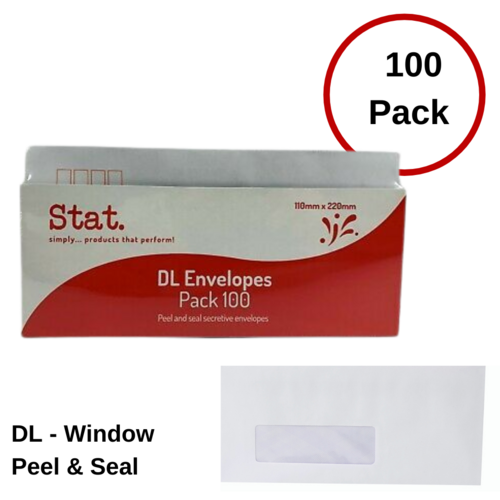 Stat White Envelopes DL 110 x 220mm Window Face Peel and Seal 31603 - 100 Pack
