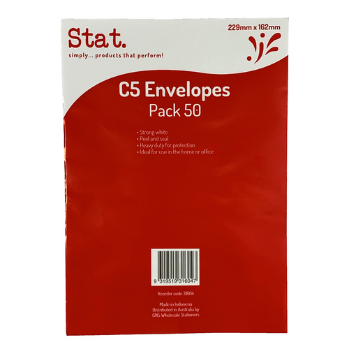 Stat C5 Peel & Seal Strong White Envelopes 229 x 162mm - 50 Pack 