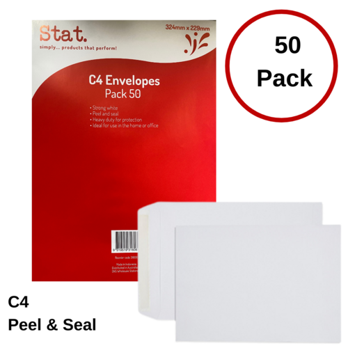 Stat C4 Peel & Seal Strong White Envelopes 324 x 229mm - 50 Pack