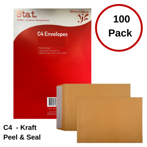 STAT C4 Peel & Seal Kraft Envelopes 324 x 229mm 31623 - 100 Pack