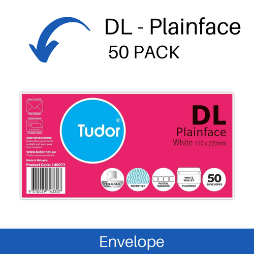 Envelope Tudor DL Plain Face Self Seal 110 x 220mm 50 Pack - White