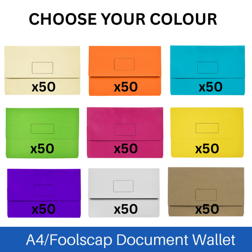 Marbig A4/Foolscap Slimpick Document Wallet File Folder 50 Pack - CHOOSE YOUR COLOUR