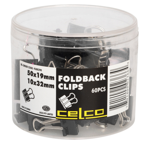 Celco Foldback Clip Clips Assorted Sizes Standard - Tub 60
