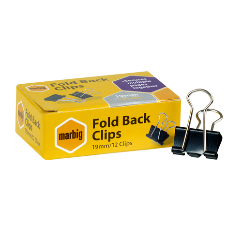 Marbig Foldback Clip Clips 19mm - 12 Pack