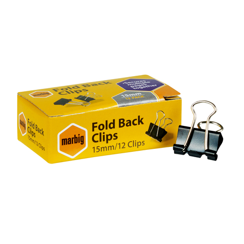 Marbig Foldback Clip Clips 15mm - 12 Pack