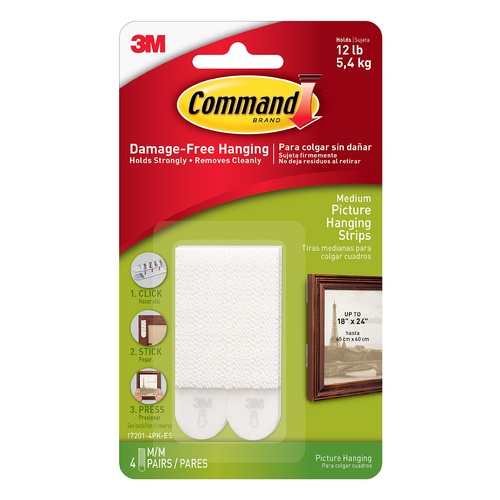 3M Command Medium Picture Hanging Strips White 5.4kg 4 Pack - 17201