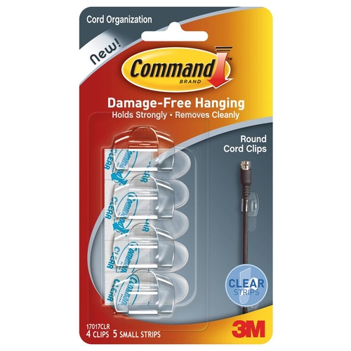 3M COMMAND Damage-Free Clear Round Cord Clips With 4 Clips & 5 Clear Strips - 17017CLR