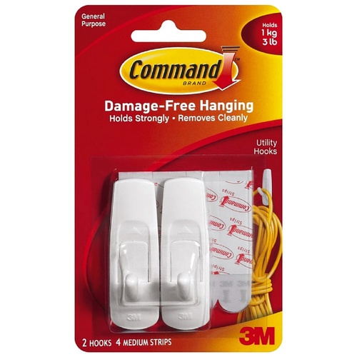 3M COMMAND Damage-Free Hanging Medium Hooks With 2 Hooks & 4 Strips 1.3kg - 17001