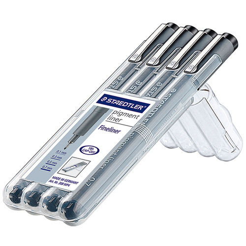 Staedtler 308 Fineliner Pigment Liner Pens Sizes 0.1mm 0.3mm 0.5mm 0.7mm  - 4 Pack