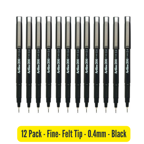 Artline 200 Marker 0.4mm Fineliner Felt Tip Pen BLACK 120001 - 12 Pack