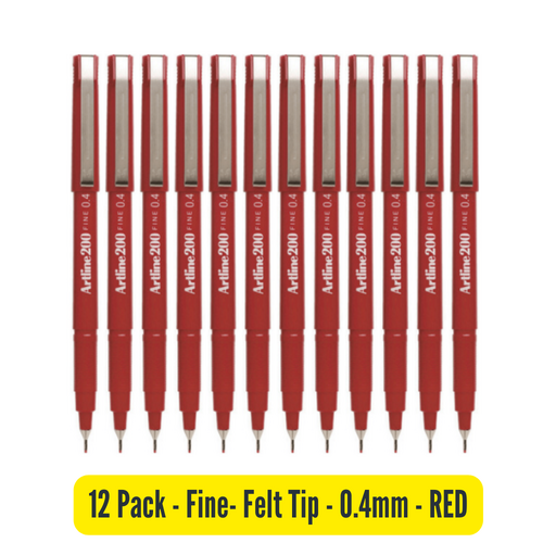Artline 200 Pen 0.4mm Fineliner Marker Felt Tip Pen RED 120002 - 12 Pack