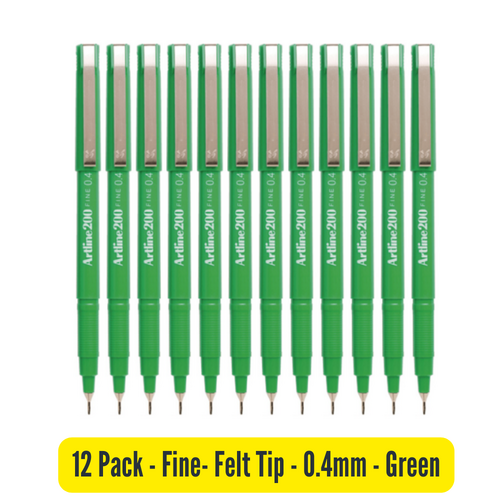 Artline 200 Pen 0.4mm Fineliner Marker Felt Tip Pen GREEN 120004 - 12 Pack