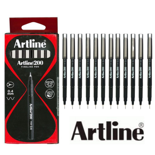 Artline 200 Fine Black Fineliner 0.4mm Felt Tip Pen - 12 Pack