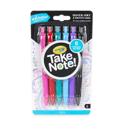Crayola Take Note! Washable Gel Marker Pens 6-Pack Quick Dry - Assorted Colours