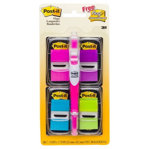 Post it Flags Bright Pink/Purple/Blue/Green + Free Highlighter - 680-PPBGVA