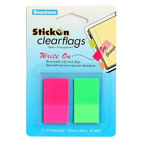 Beautone Stick On Flags Clear 25x45mm - Magenta & Lime