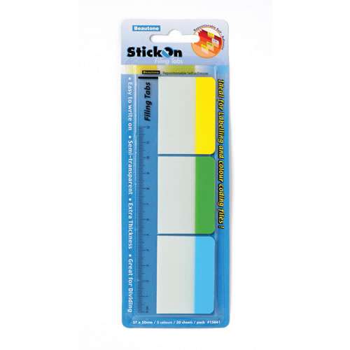 Beautone Stick On Filing Tabs 37x50mm 3 Colours - 3 Pack