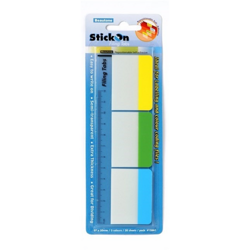 Beautone Stick On Filing Tabs 37x50mm 3 Colours - 3 Pack