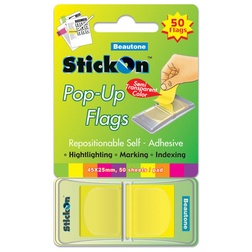 Beautone Stick On Flags Pop-up 45x25mm Lemon - 50 Sheets