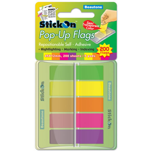 Beautone Stick On Flags Pop-up 45 x 12mm 5 Assorted Pads - 200 Sheets