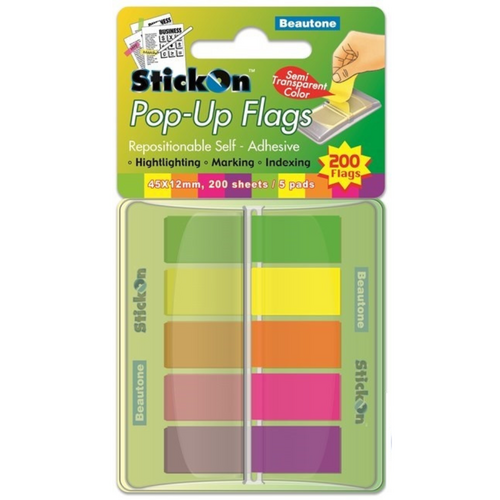 Beautone Stick On Flags Pop-up 45 x 12mm 5 Assorted Pads - 200 Sheets