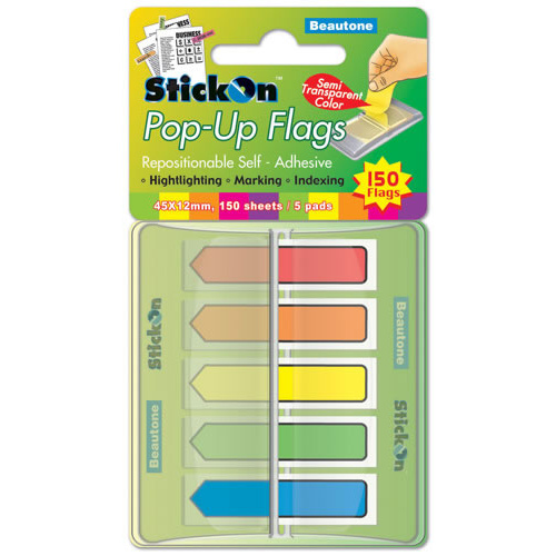 Beautone Stick On Flags Pop-up Arrow 45x12mm 150 Sheets 5 Pack - Assorted 