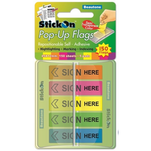 Beautone Stick On Flags Pop-up Sign Here 45 x 12mm 5 Assorted Pads - 150 Sheets