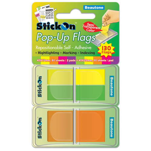Beautone Stick On Flags Pop-up Lem/Lime/Org Assorted Colours & Size - 130 Sheets