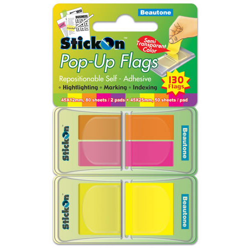 Beautone Stick On Flags Pop-up Org/Mag/Lemon Assorted Colours & Size  - 130 Sheets